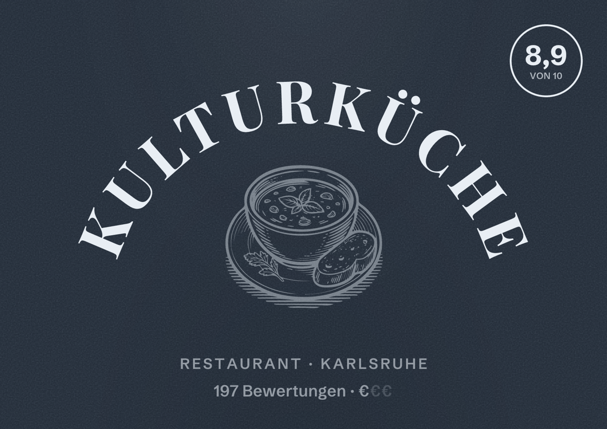 Illustriertes Poster von Kulturküche, Restaurant in Karlsruhe: Bewertung 8,9 von 10 aus 197 Bewertungen, Preisniveau €