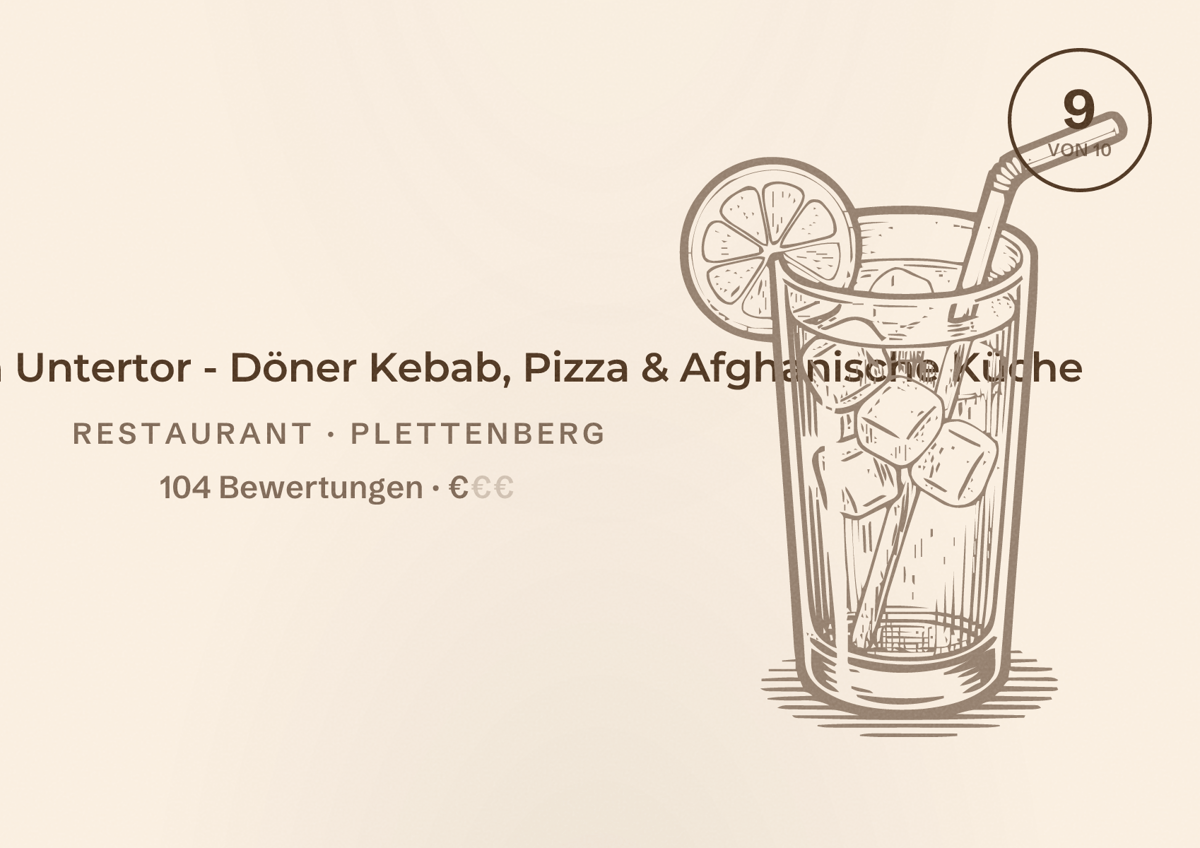 Illustriertes Poster von Kulturküche am Untertor - Döner Kebab, Pizza & Afghanische Küche, Restaurant in Plettenberg: Bewertung 9 von 10 aus 104 Bewertungen, Preisniveau €