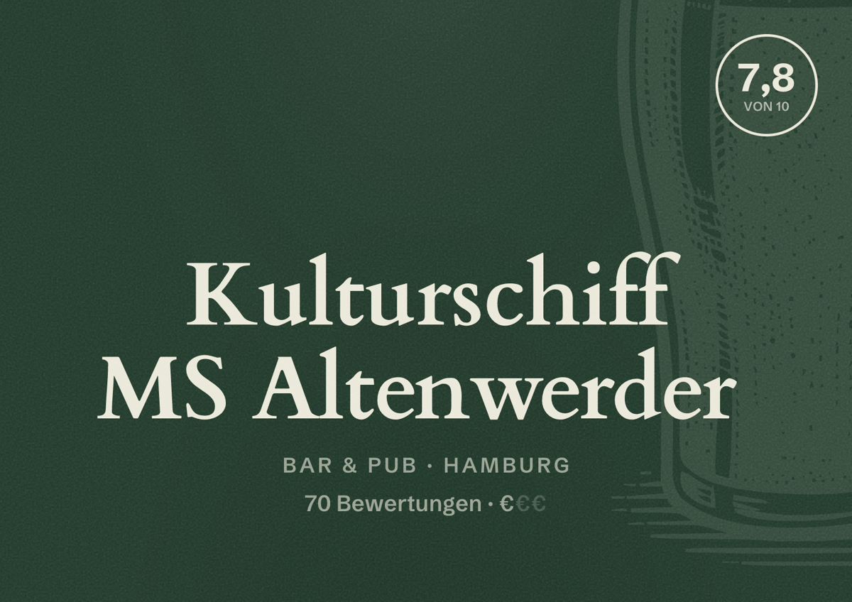 Illustriertes Poster von Kulturschiff MS Altenwerder, Bar & Pub in Hamburg: Bewertung 7,8 von 10 aus 70 Bewertungen, Preisniveau €