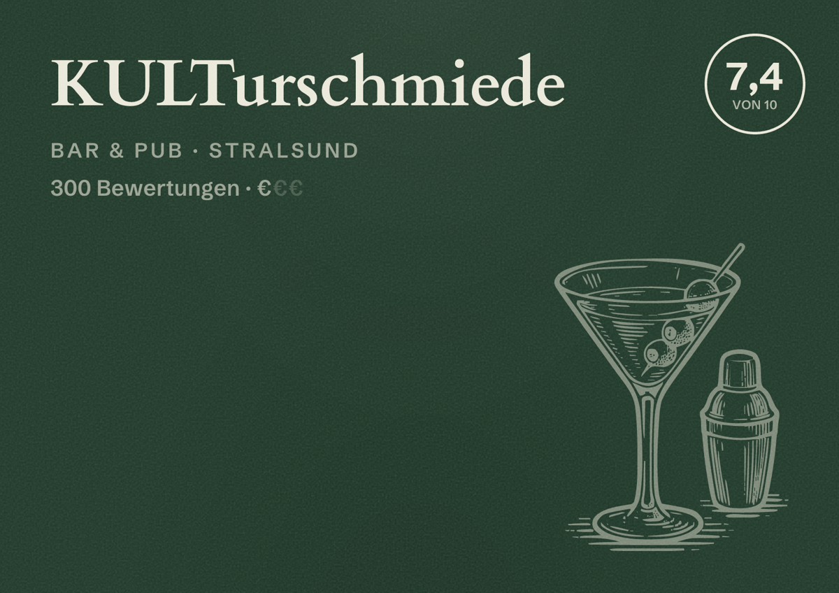 Illustriertes Poster von KULTurschmiede, Bar & Pub in Stralsund: Bewertung 7,4 von 10 aus 300 Bewertungen, Preisniveau €