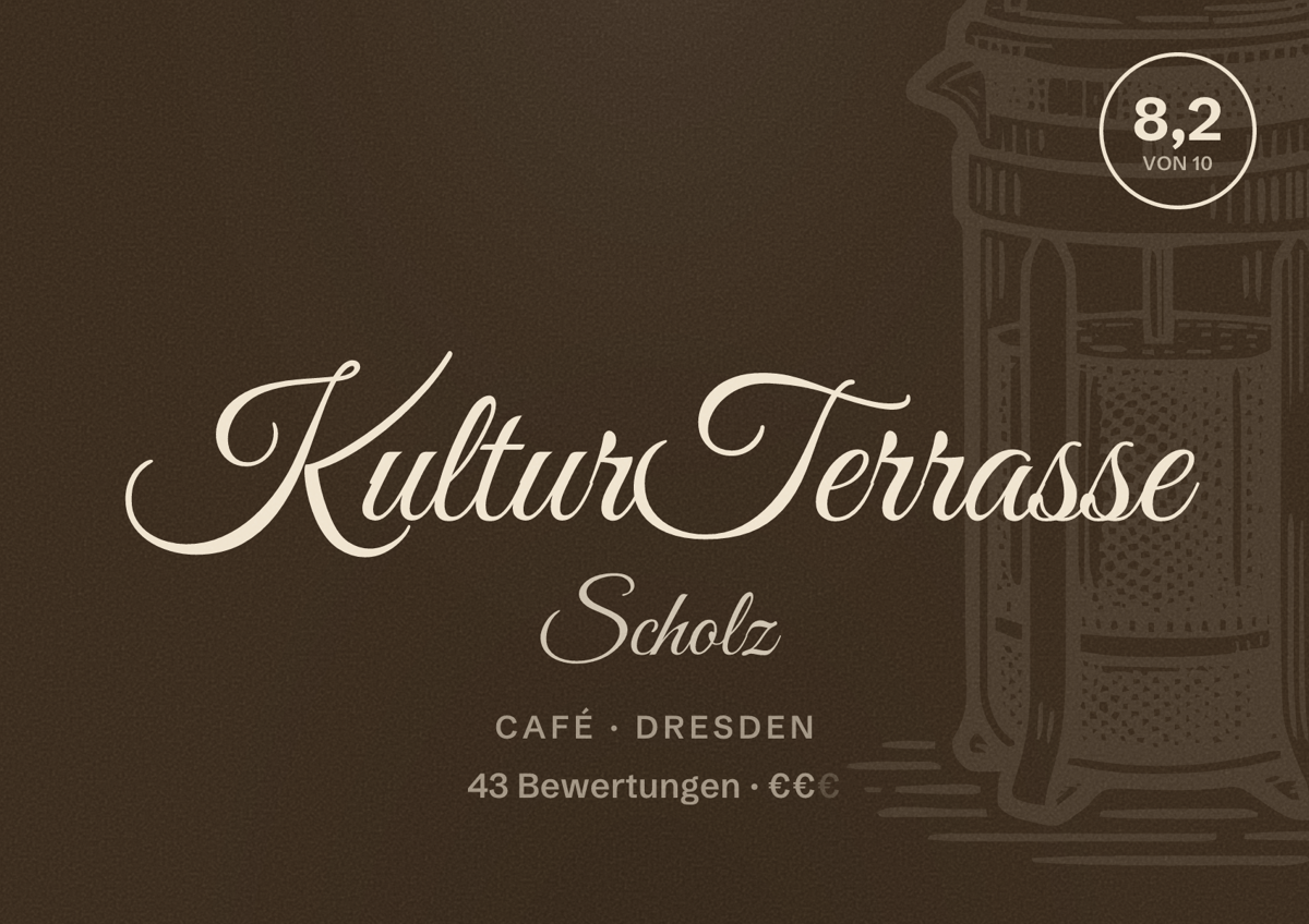 Illustriertes Poster von KulturTerrasse Scholz, Café in Dresden: Bewertung 8,2 von 10 aus 43 Bewertungen, Preisniveau €€