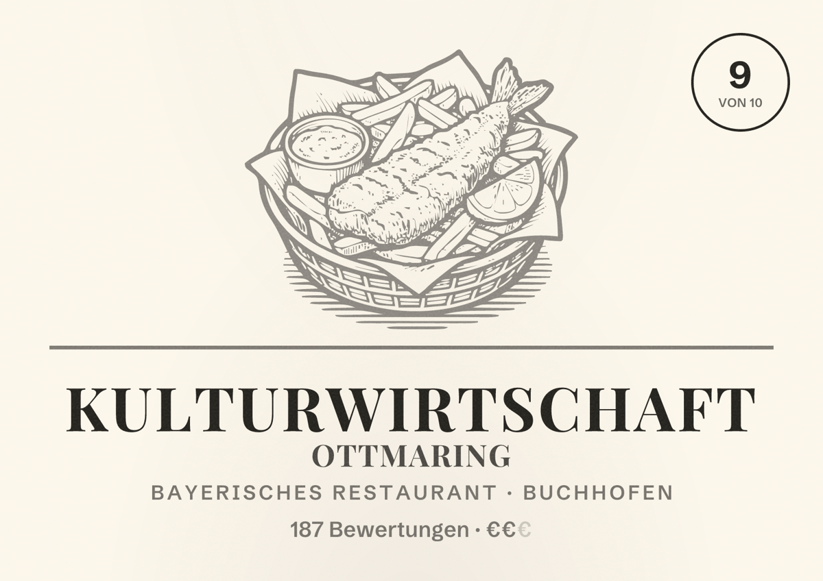 Illustriertes Poster von Kulturwirtschaft Ottmaring, Bayerisches Restaurant in Buchhofen: Bewertung 9 von 10 aus 187 Bewertungen, Preisniveau €€