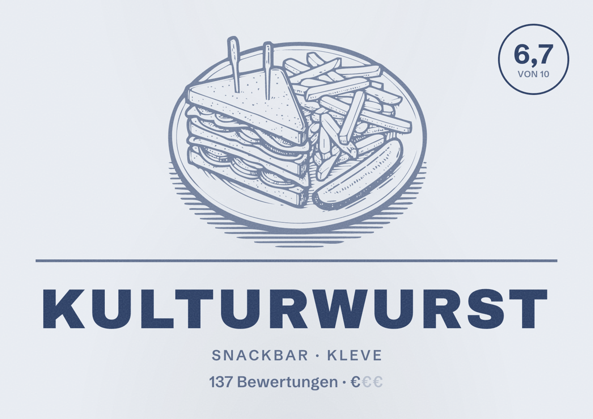 Illustriertes Poster von Kulturwurst, Snackbar in Kleve: Bewertung 6,7 von 10 aus 137 Bewertungen, Preisniveau €