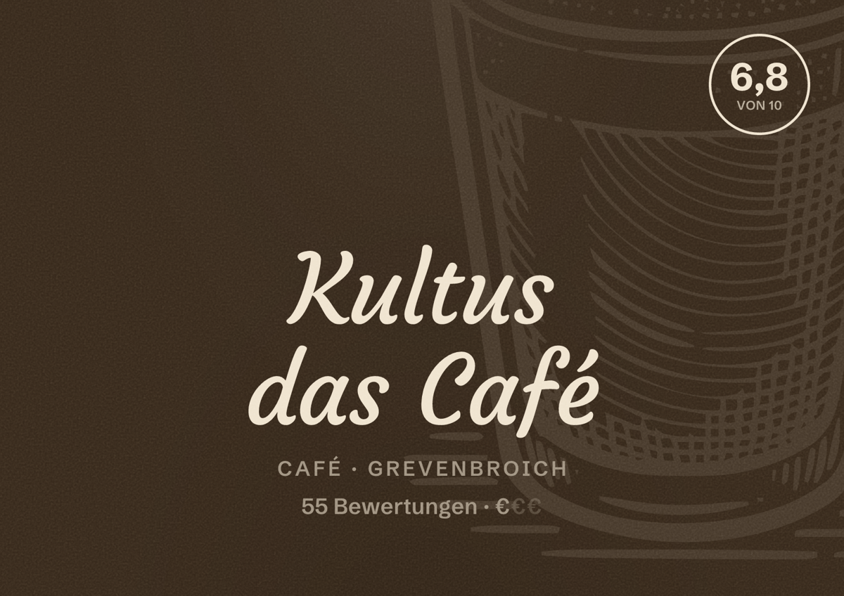Illustriertes Poster von Kultus das Café, Café in Grevenbroich: Bewertung 6,8 von 10 aus 55 Bewertungen, Preisniveau €