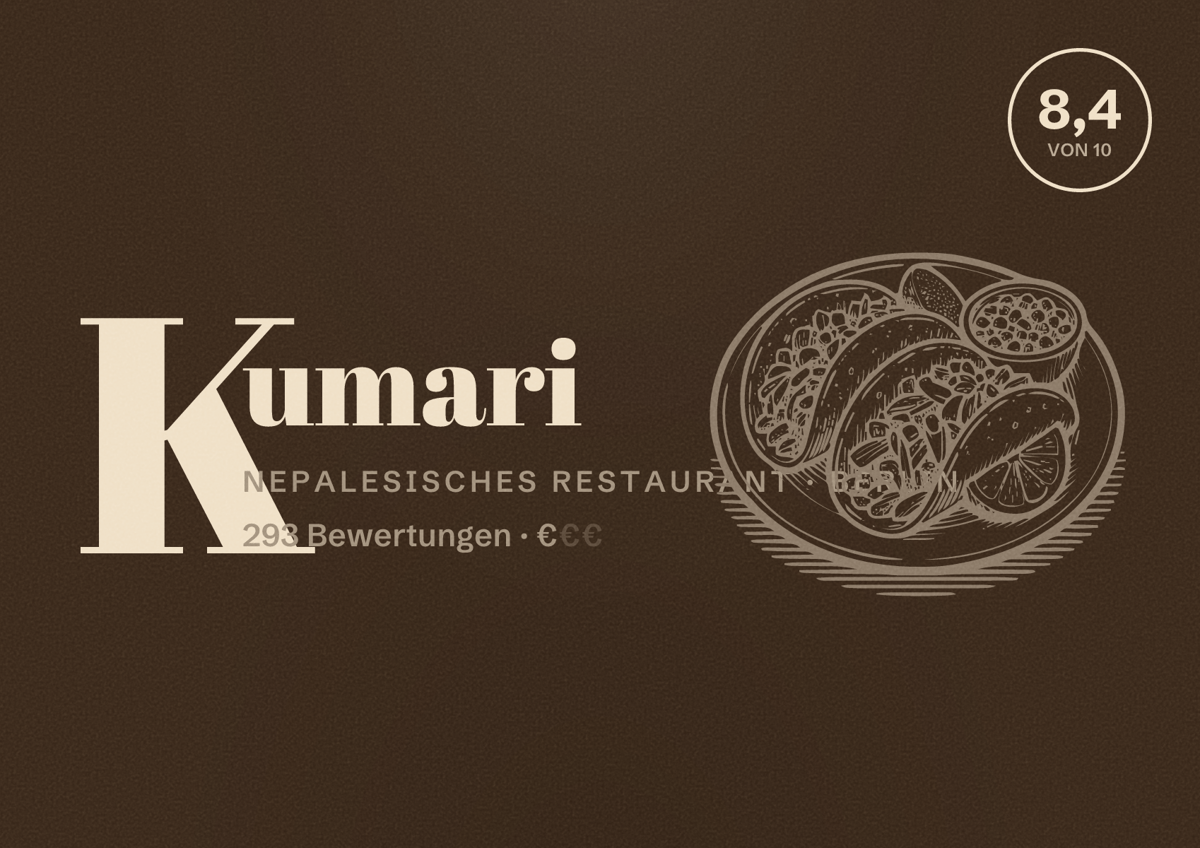Illustriertes Poster von Kumari, Nepalesisches Restaurant in Berlin: Bewertung 8,4 von 10 aus 293 Bewertungen, Preisniveau €
