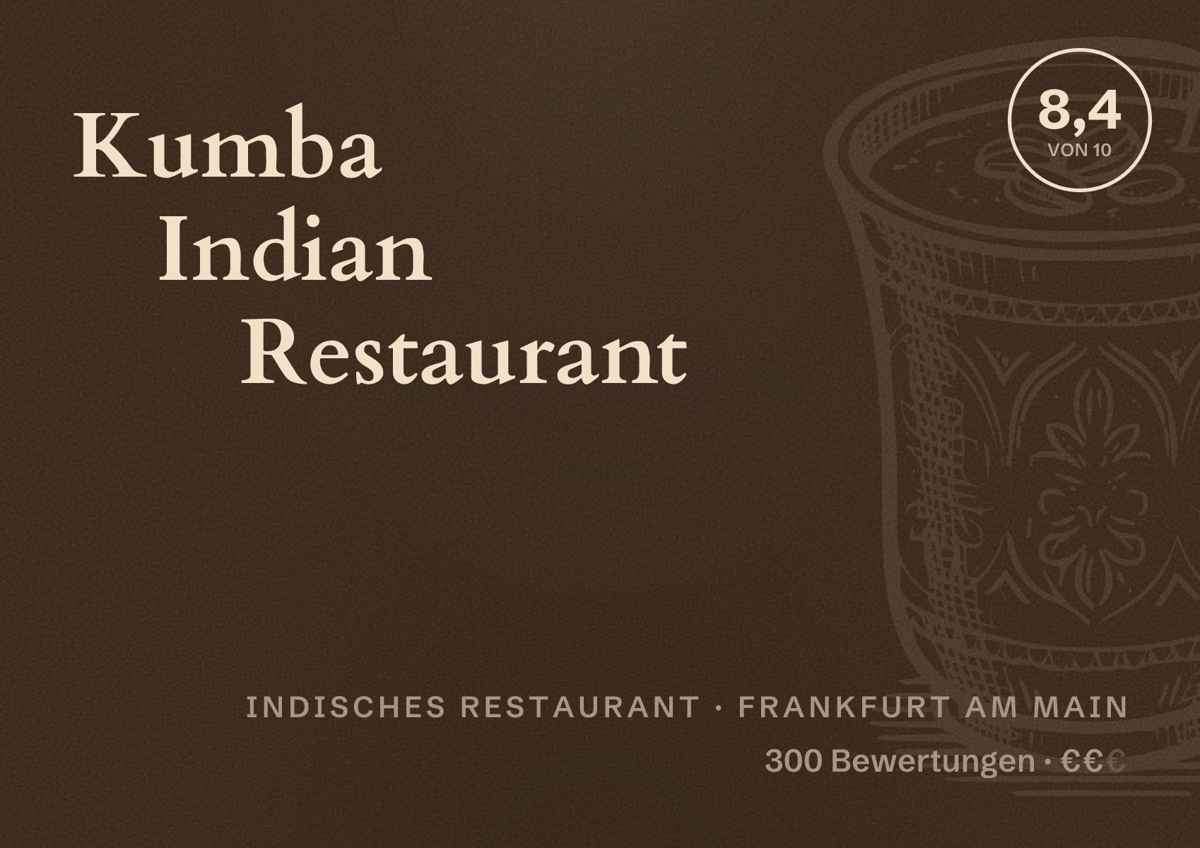 Illustriertes Poster von Kumba Indian Restaurant, Indisches Restaurant in Frankfurt am Main: Bewertung 8,4 von 10 aus 300 Bewertungen, Preisniveau €€