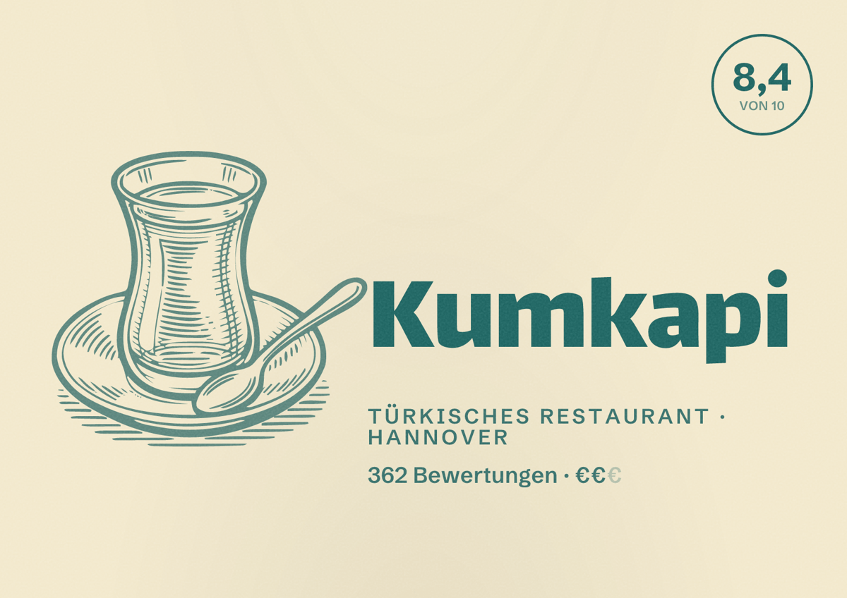 Illustriertes Poster von Kumkapi, Türkisches Restaurant in Hannover: Bewertung 8,4 von 10 aus 362 Bewertungen, Preisniveau €€