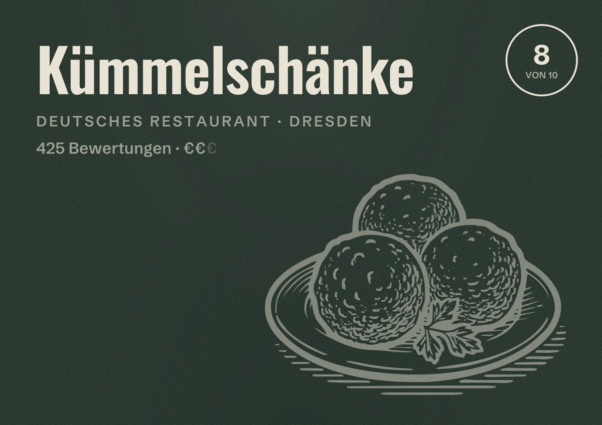 Illustriertes Poster von Kümmelschänke, Deutsches Restaurant in Dresden: Bewertung 8,0 von 10 aus 425 Bewertungen, Preisniveau €€
