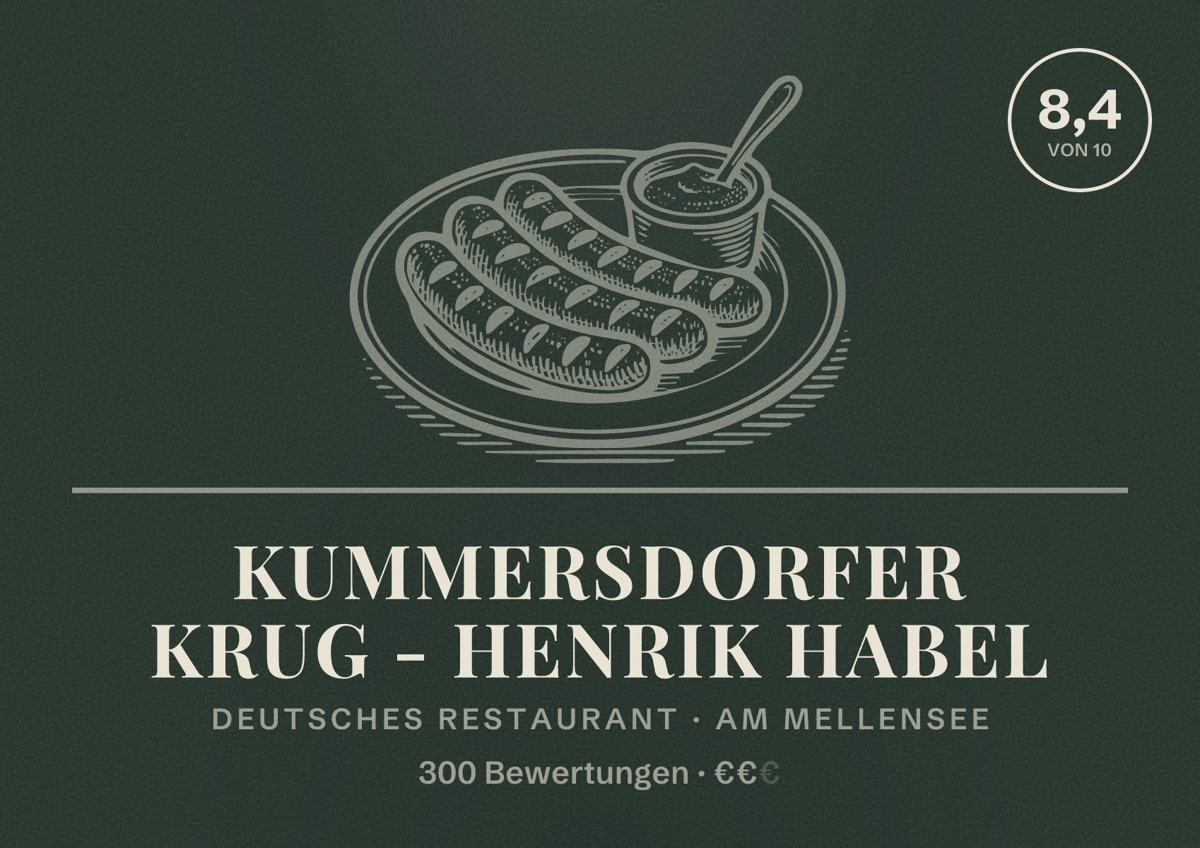 Illustriertes Poster von Kummersdorfer Krug - Henrik Habel, Deutsches Restaurant in Am Mellensee: Bewertung 8,4 von 10 aus 300 Bewertungen, Preisniveau €€