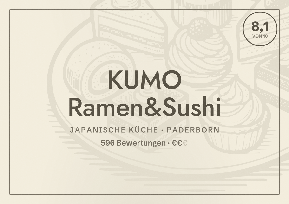 Illustriertes Poster von KUMO Ramen&Sushi, Japanische Küche in Paderborn: Bewertung 8,1 von 10 aus 596 Bewertungen, Preisniveau €€