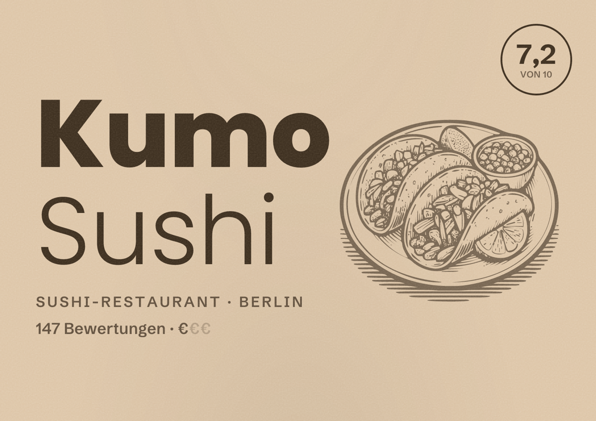Illustriertes Poster von Kumo Sushi, Sushi-Restaurant in Berlin: Bewertung 7,2 von 10 aus 147 Bewertungen, Preisniveau €