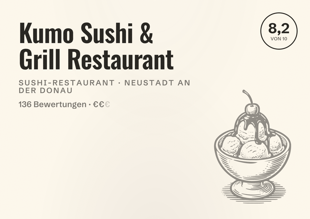 Illustriertes Poster von Kumo Sushi & Grill Restaurant, Sushi-Restaurant in Neustadt an der Donau: Bewertung 8,2 von 10 aus 136 Bewertungen, Preisniveau €€