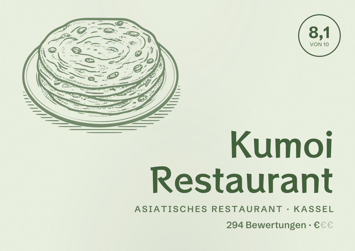 Illustriertes Poster von Kumoi Restaurant, Asiatisches Restaurant in Kassel: Bewertung 8,1 von 10 aus 294 Bewertungen, Preisniveau €