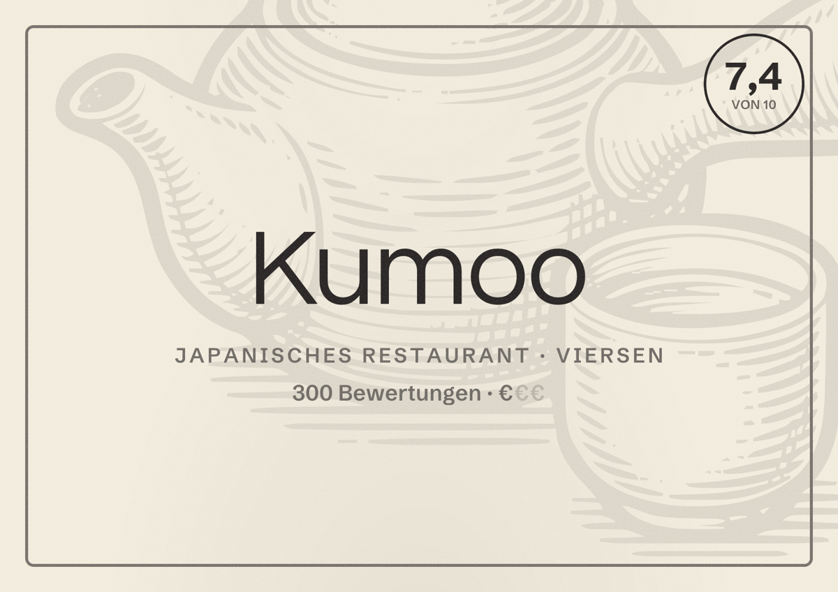 Illustriertes Poster von Kumoo, Japanisches Restaurant in Viersen: Bewertung 7,4 von 10 aus 300 Bewertungen, Preisniveau €