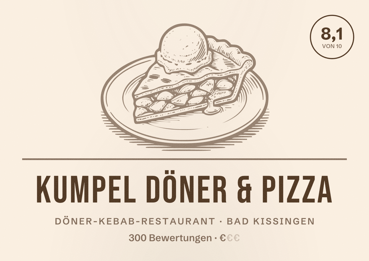 Illustriertes Poster von KUMPEL Döner & Pizza, Döner-Kebab-Restaurant in Bad Kissingen: Bewertung 8,1 von 10 aus 300 Bewertungen, Preisniveau €