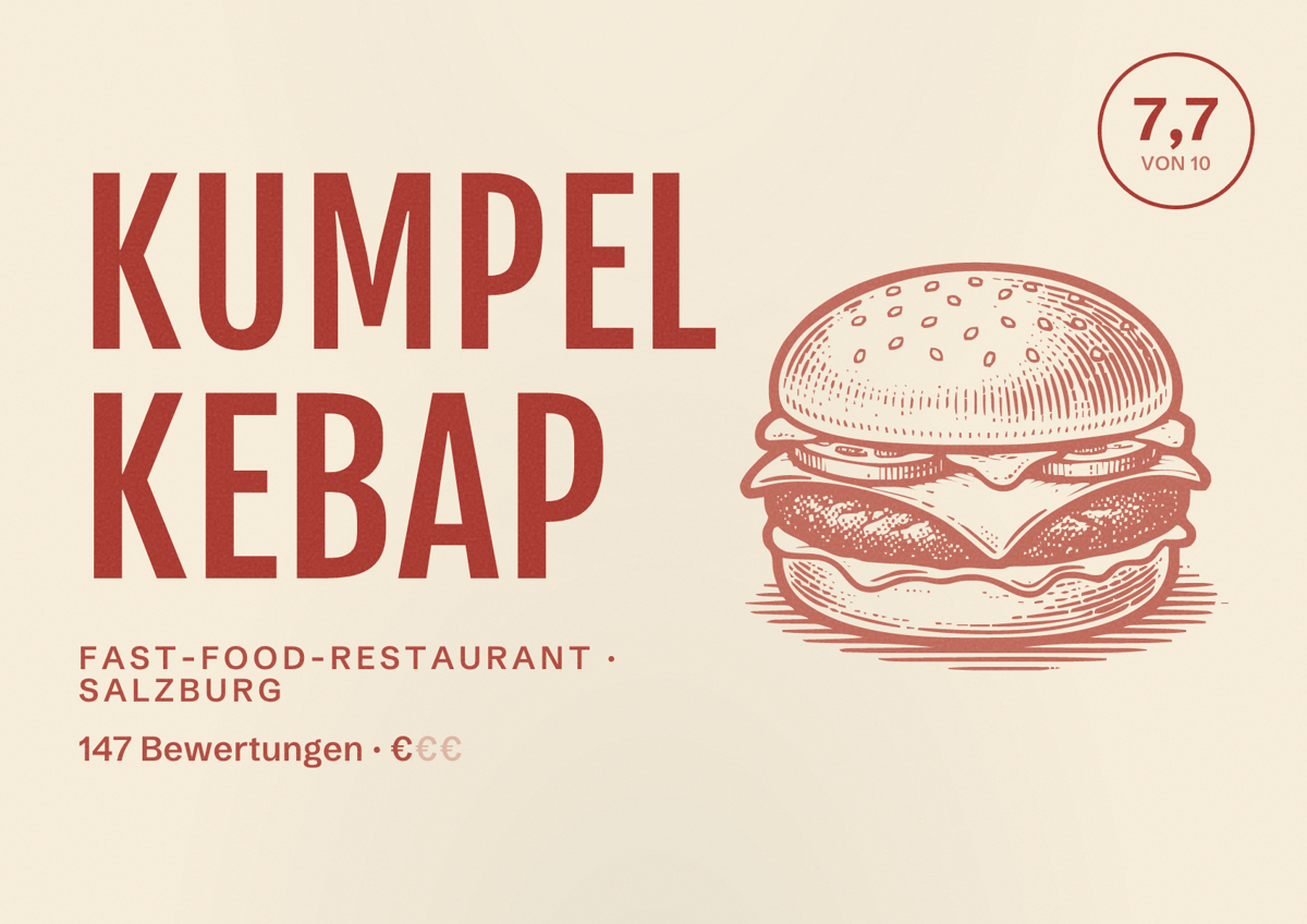 Illustriertes Poster von Kumpel Kebap, Fast-Food-Restaurant in Salzburg: Bewertung 7,7 von 10 aus 147 Bewertungen, Preisniveau €