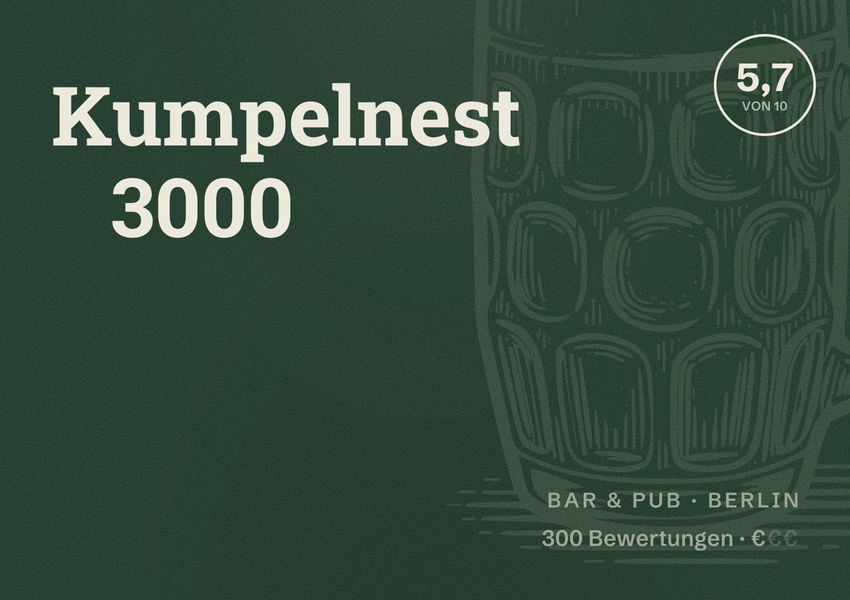 Illustriertes Poster von Kumpelnest 3000, Bar & Pub in Berlin: Bewertung 5,7 von 10 aus 300 Bewertungen, Preisniveau €