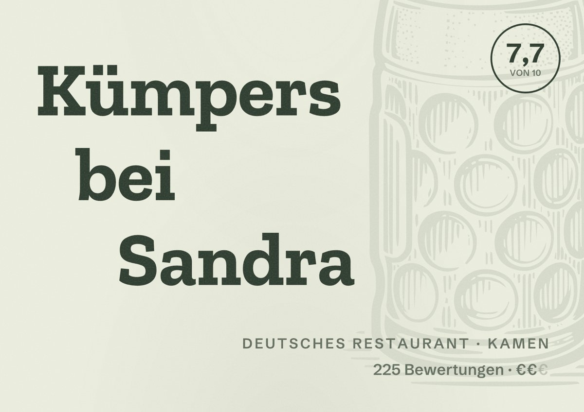 Illustriertes Poster von Kümpers bei Sandra, Deutsches Restaurant in Kamen: Bewertung 7,7 von 10 aus 225 Bewertungen, Preisniveau €€