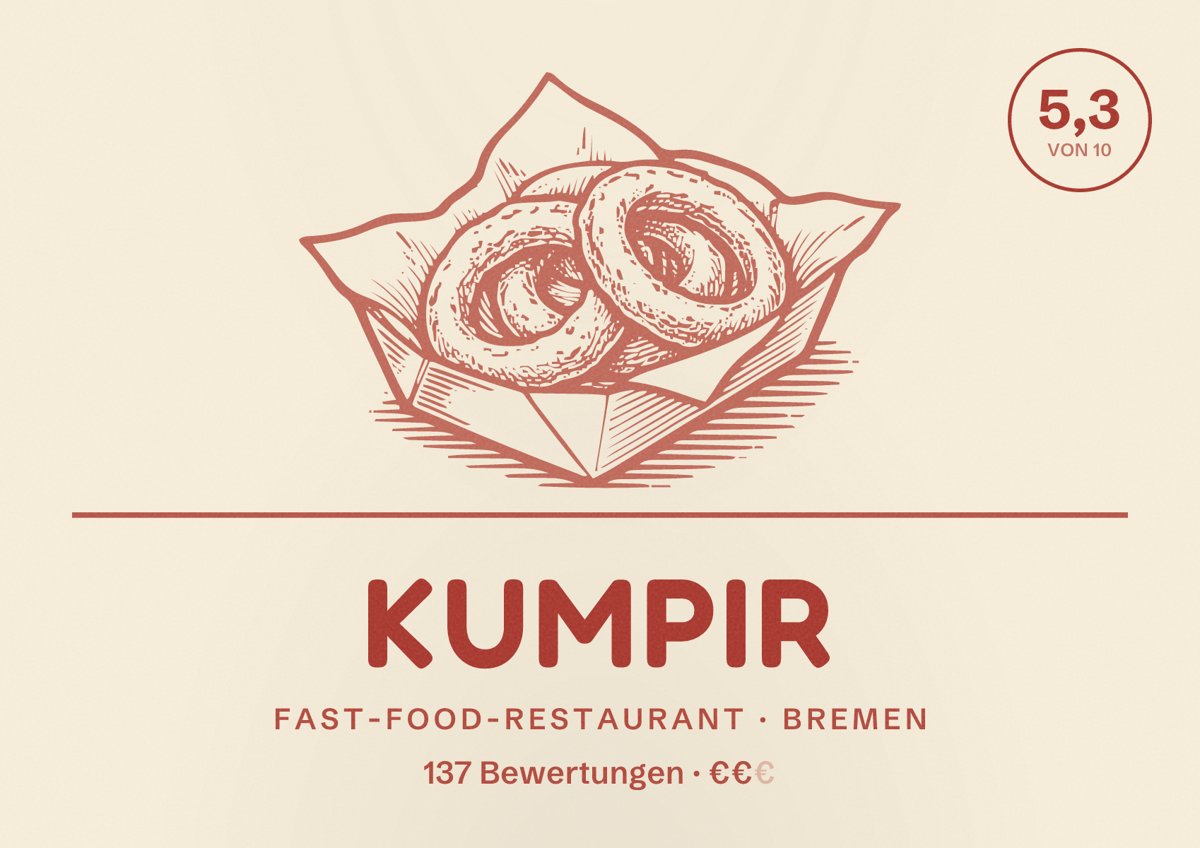 Illustriertes Poster von Kumpir, Fast-Food-Restaurant in Bremen: Bewertung 5,3 von 10 aus 137 Bewertungen, Preisniveau €€