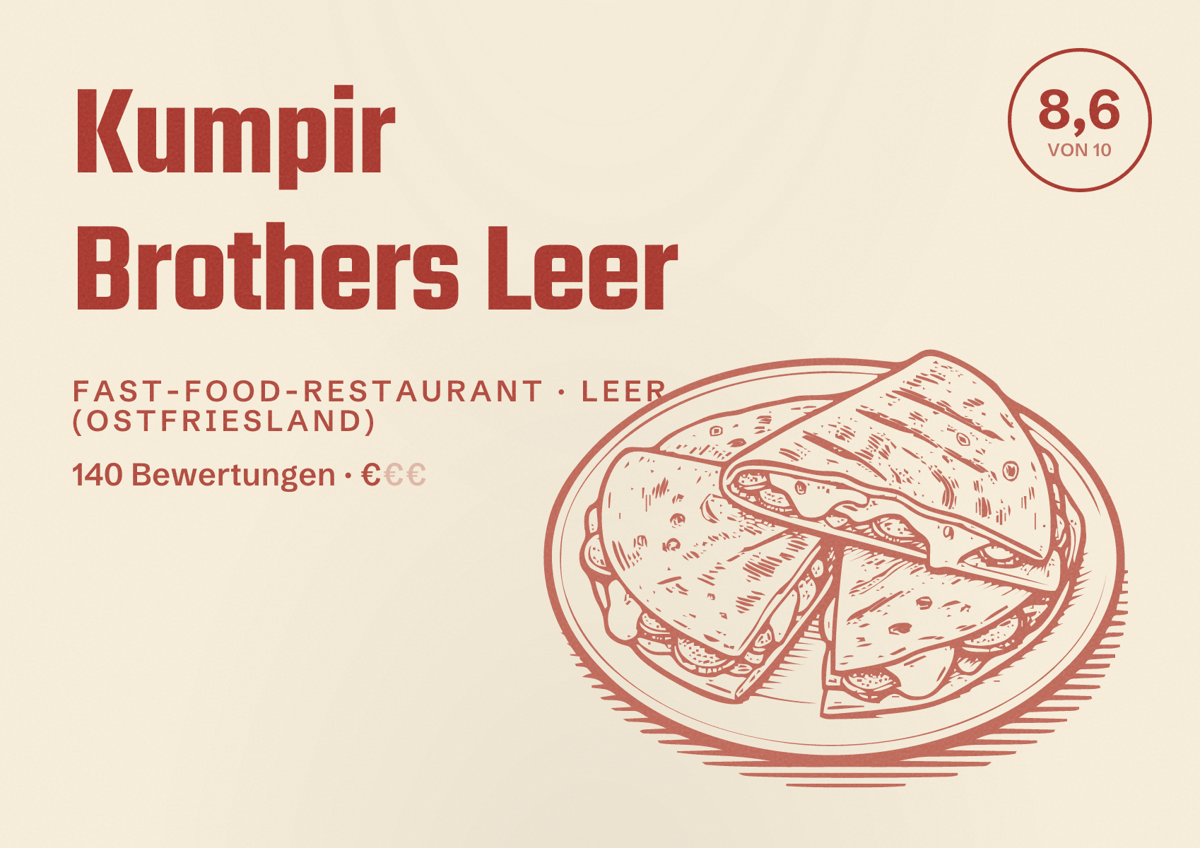 Illustriertes Poster von Kumpir Brothers Leer, Fast-Food-Restaurant in Leer (Ostfriesland): Bewertung 8,6 von 10 aus 140 Bewertungen, Preisniveau €