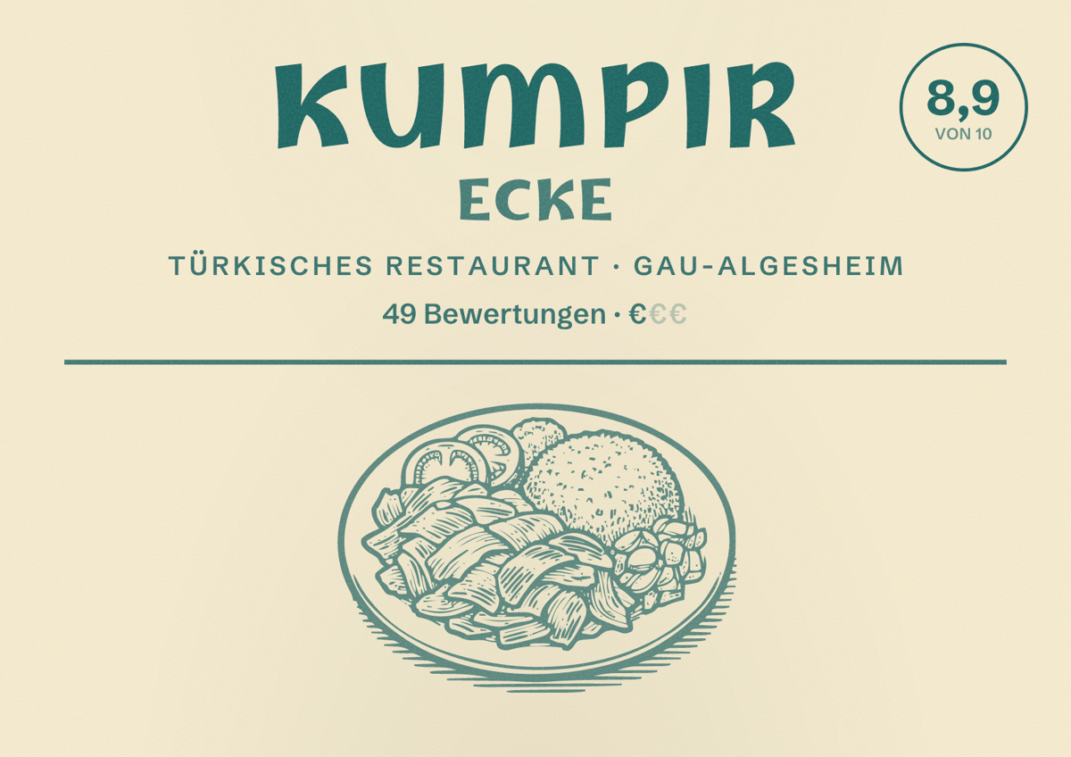 Illustriertes Poster von Kumpir Ecke, Türkisches Restaurant in Gau-Algesheim: Bewertung 8,9 von 10 aus 49 Bewertungen, Preisniveau €