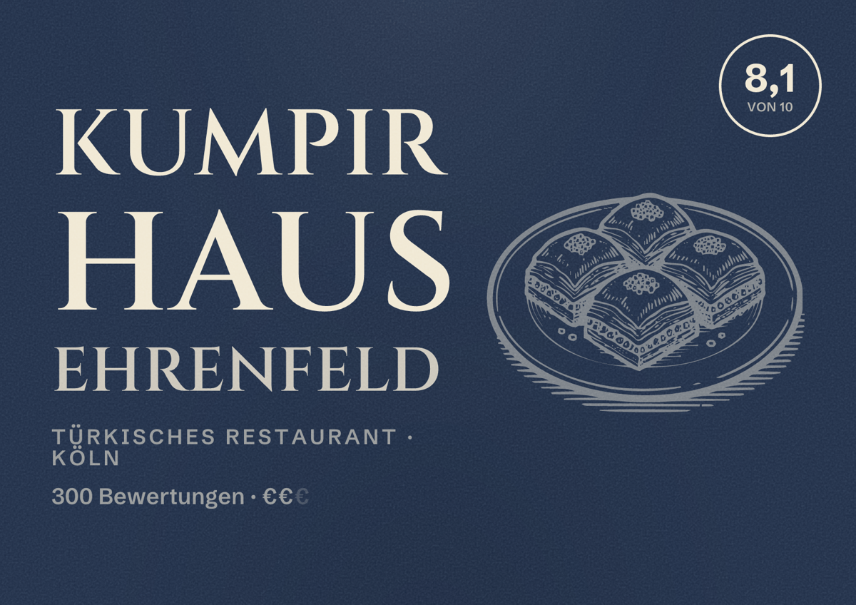 Illustriertes Poster von Kumpir Haus Ehrenfeld, Türkisches Restaurant in Köln: Bewertung 8,1 von 10 aus 300 Bewertungen, Preisniveau €€