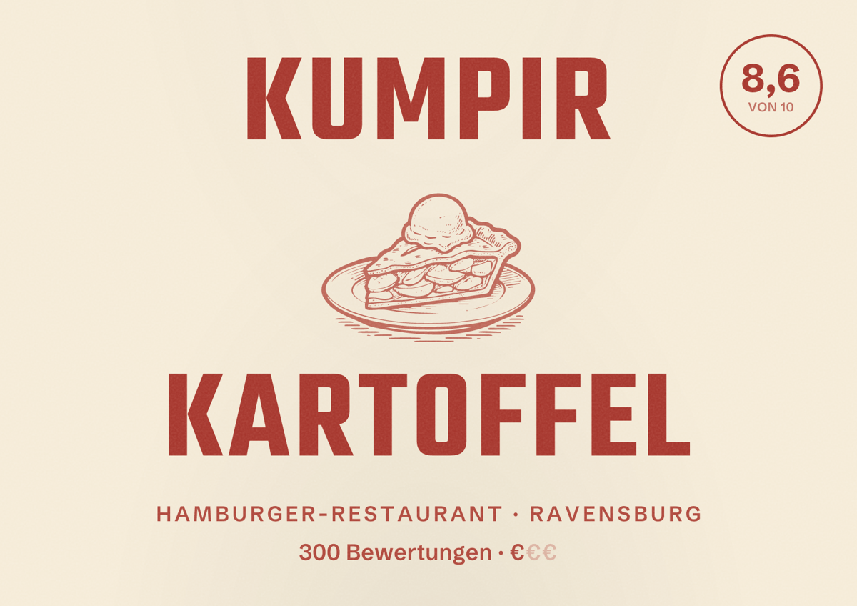 Illustriertes Poster von Kumpir Kartoffel, Hamburger-Restaurant in Ravensburg: Bewertung 8,6 von 10 aus 300 Bewertungen, Preisniveau €