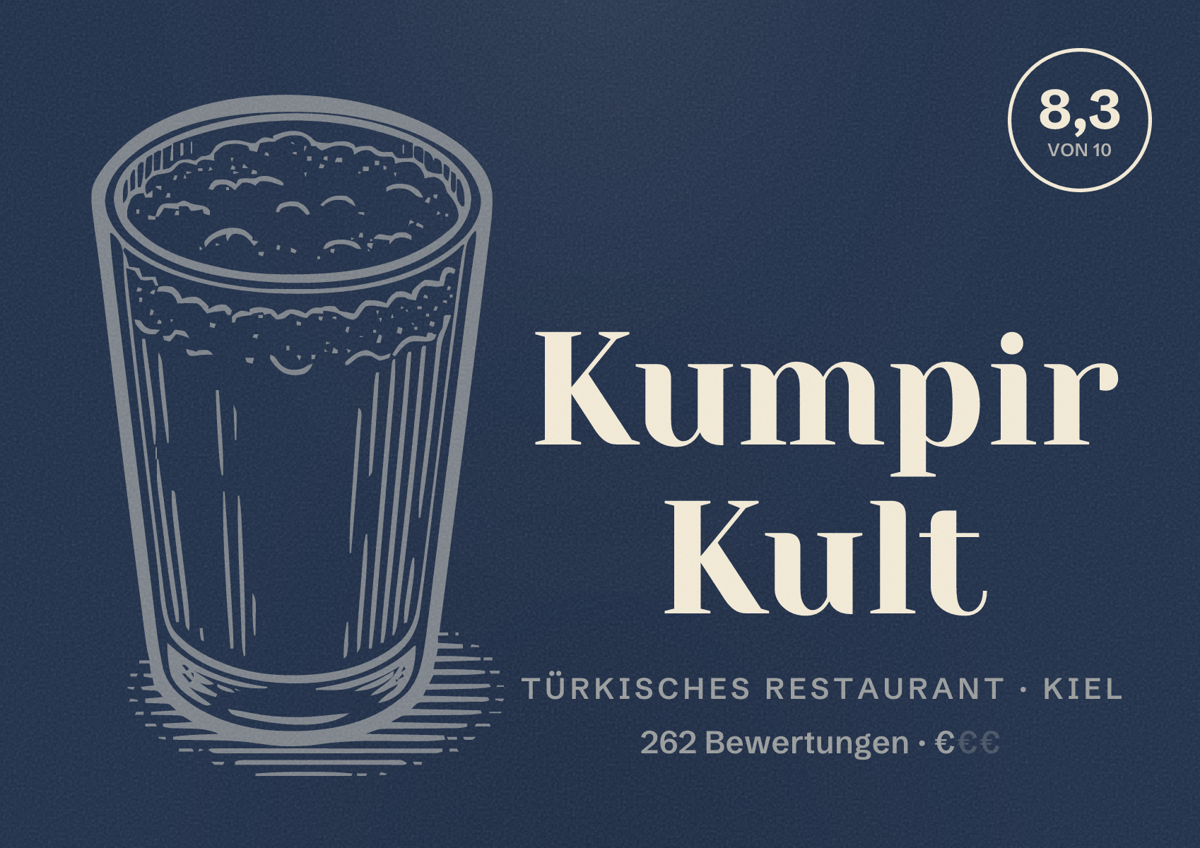 Illustriertes Poster von Kumpir Kult, Türkisches Restaurant in Kiel: Bewertung 8,3 von 10 aus 262 Bewertungen, Preisniveau €