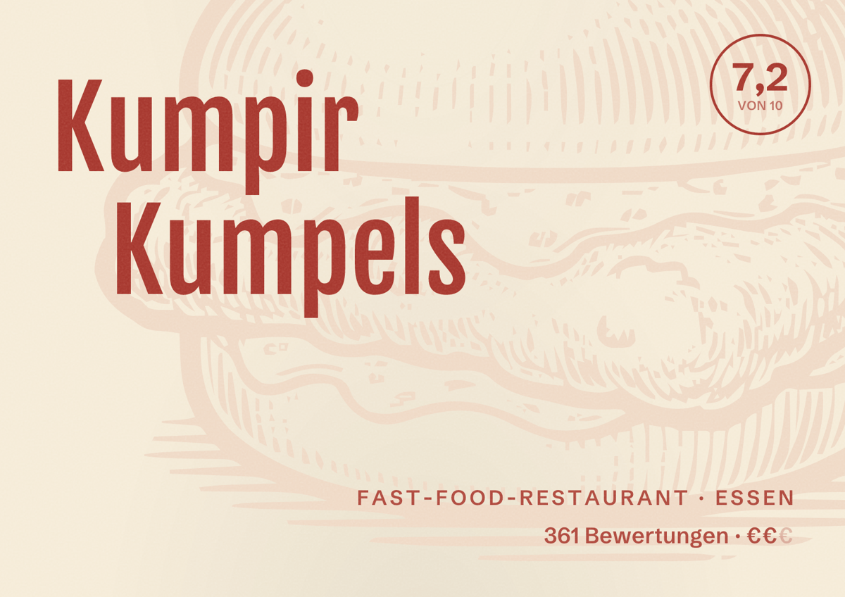Illustriertes Poster von Kumpir Kumpels, Fast-Food-Restaurant in Essen: Bewertung 7,2 von 10 aus 361 Bewertungen, Preisniveau €€