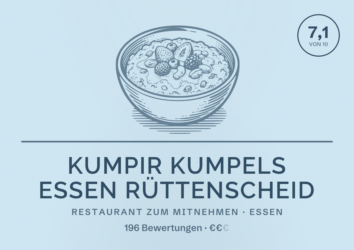 Illustriertes Poster von Kumpir Kumpels Essen Rüttenscheid, Restaurant zum Mitnehmen in Essen: Bewertung 7,1 von 10 aus 196 Bewertungen, Preisniveau €€