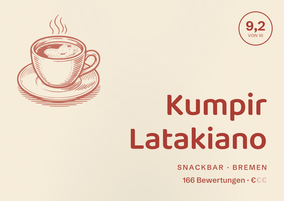 Illustriertes Poster von Kumpir Latakiano, Snackbar in Bremen: Bewertung 9,2 von 10 aus 166 Bewertungen, Preisniveau €