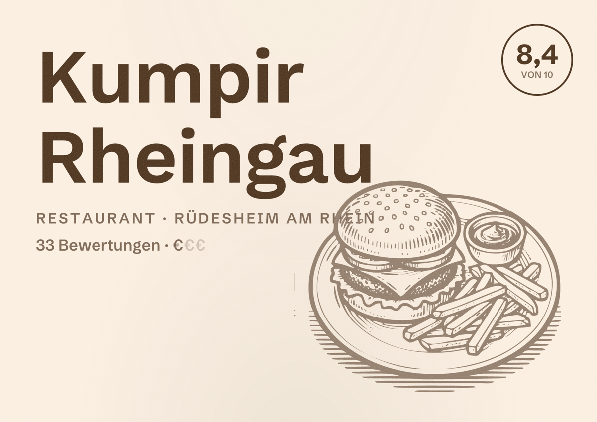 Illustriertes Poster von Kumpir Rheingau, Restaurant in Rüdesheim am Rhein: Bewertung 8,4 von 10 aus 33 Bewertungen, Preisniveau €