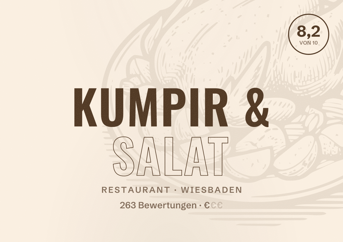 Illustriertes Poster von Kumpir & Salat, Restaurant in Wiesbaden: Bewertung 8,2 von 10 aus 263 Bewertungen, Preisniveau €