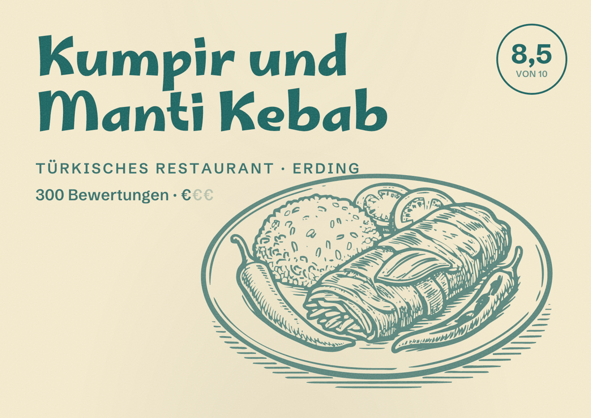 Illustriertes Poster von Kumpir und Manti Kebab, Türkisches Restaurant in Erding: Bewertung 8,5 von 10 aus 300 Bewertungen, Preisniveau €
