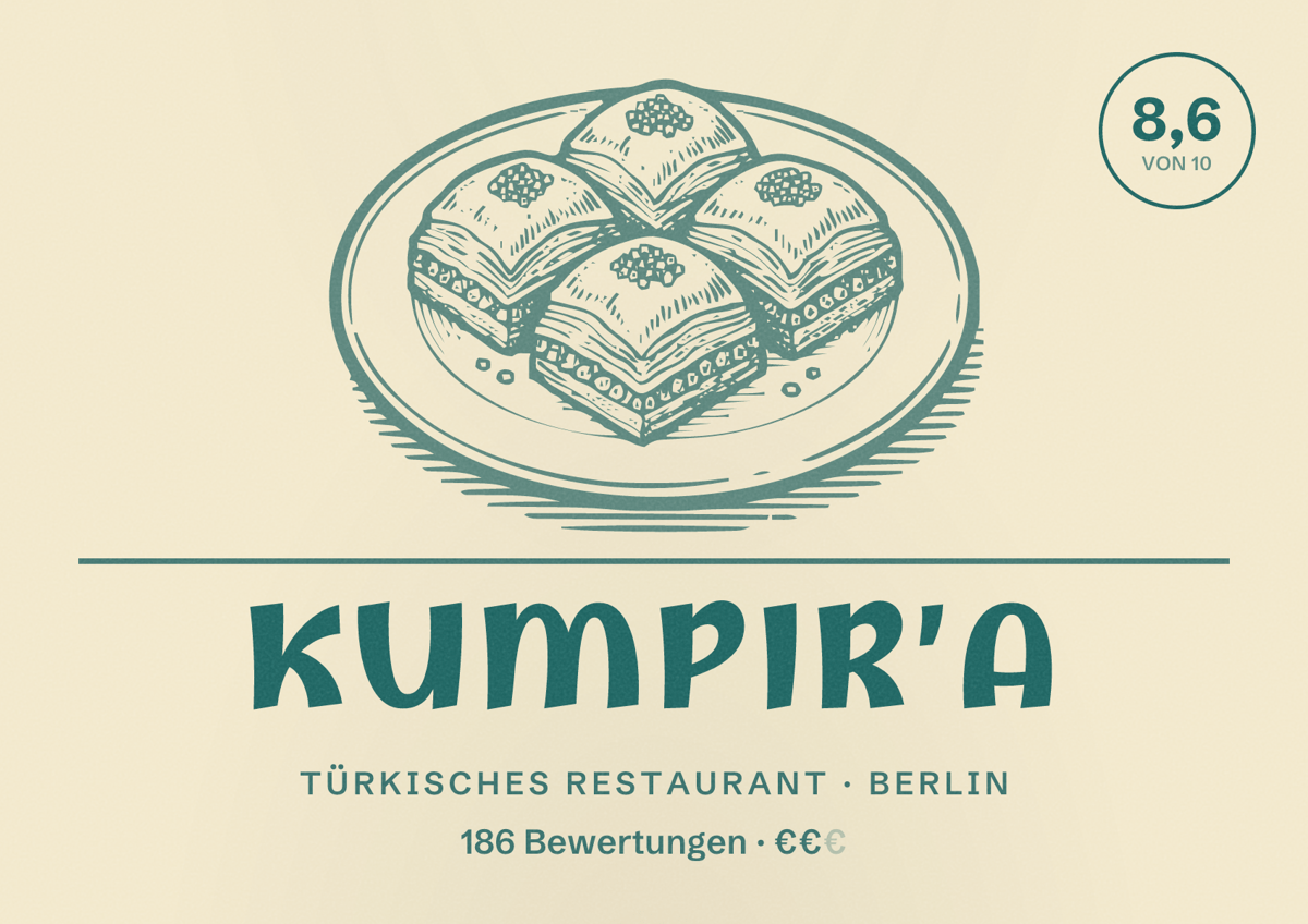 Illustriertes Poster von Kumpir’a, Türkisches Restaurant in Berlin: Bewertung 8,6 von 10 aus 186 Bewertungen, Preisniveau €€