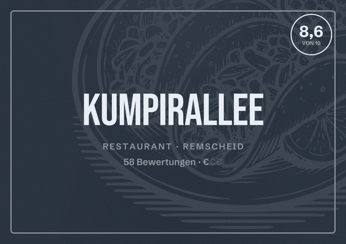 Illustriertes Poster von Kumpirallee, Restaurant in Remscheid: Bewertung 8,6 von 10 aus 58 Bewertungen, Preisniveau €