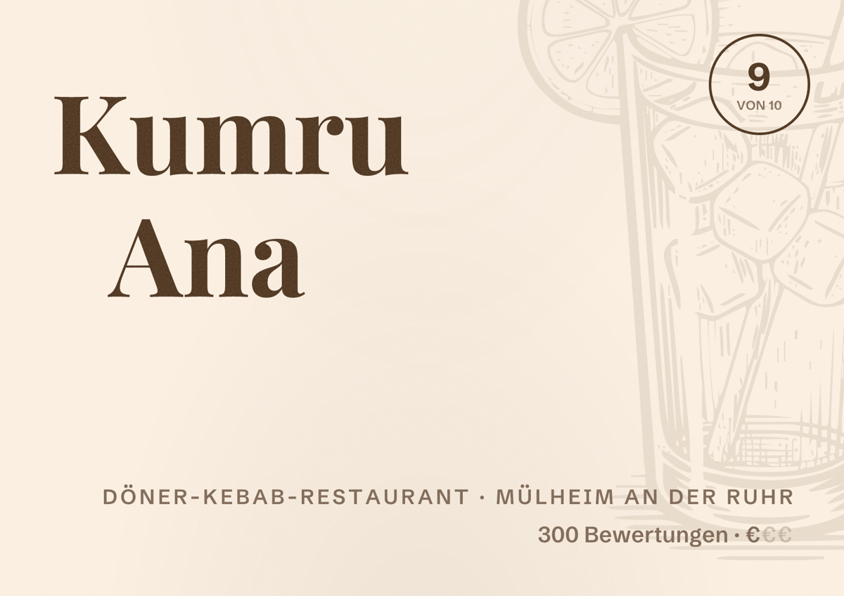 Illustriertes Poster von Kumru Ana, Döner-Kebab-Restaurant in Mülheim an der Ruhr: Bewertung 9 von 10 aus 300 Bewertungen, Preisniveau €