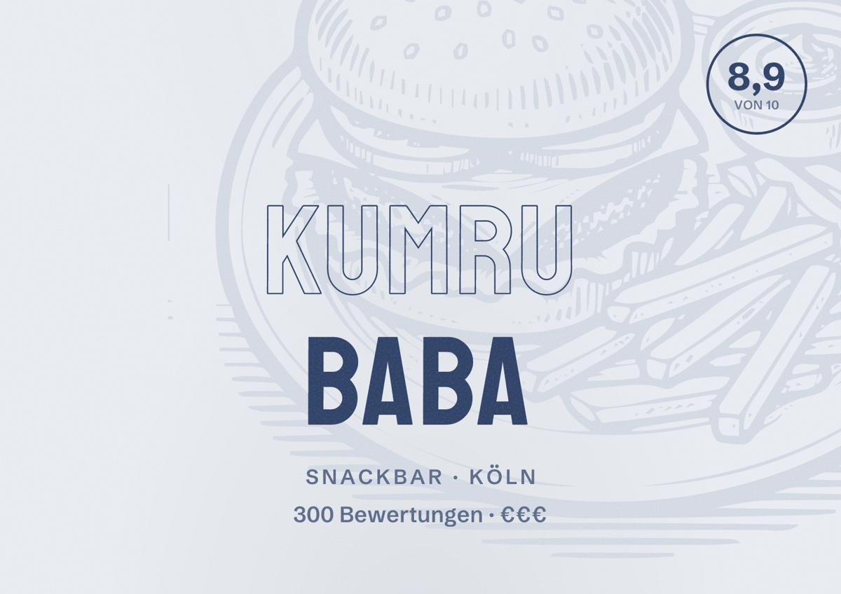 Illustriertes Poster von Kumru Baba, Snackbar in Köln: Bewertung 8,9 von 10 aus 300 Bewertungen, Preisniveau €€€