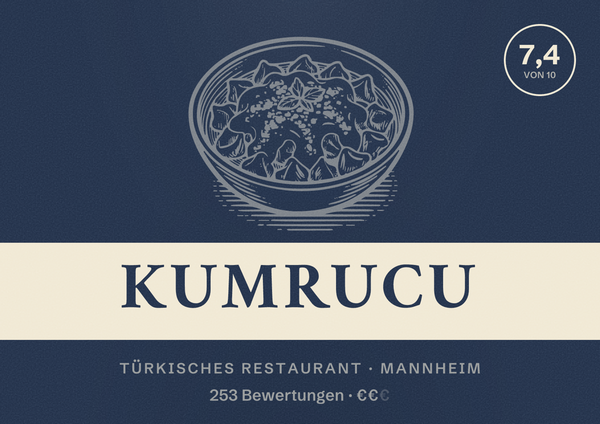 Illustriertes Poster von Kumrucu, Türkisches Restaurant in Mannheim: Bewertung 7,4 von 10 aus 253 Bewertungen, Preisniveau €€