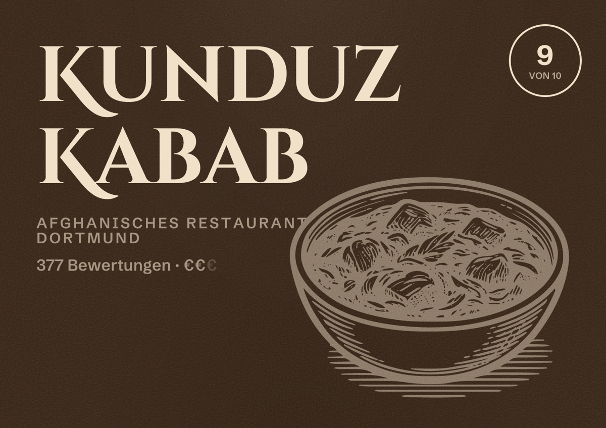 Illustriertes Poster von Kunduz Kabab, Afghanisches Restaurant in Dortmund: Bewertung 9 von 10 aus 377 Bewertungen, Preisniveau €€