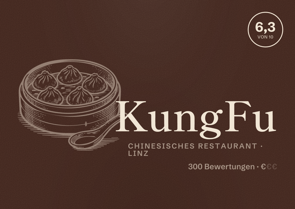 Illustriertes Poster von KungFu, Chinesisches Restaurant in Linz: Bewertung 6,3 von 10 aus 300 Bewertungen, Preisniveau €