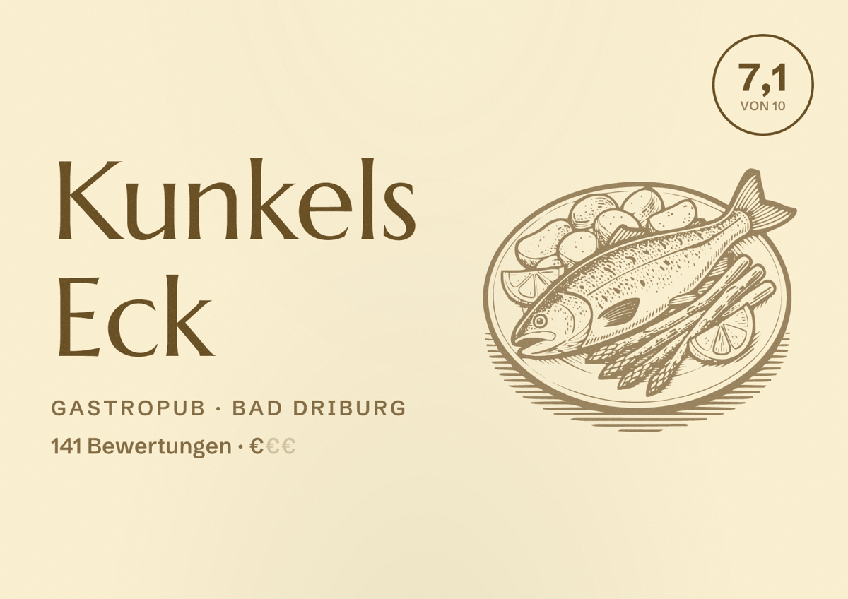 Illustriertes Poster von Kunkels Eck, Gastropub in Bad Driburg: Bewertung 7,1 von 10 aus 141 Bewertungen, Preisniveau €