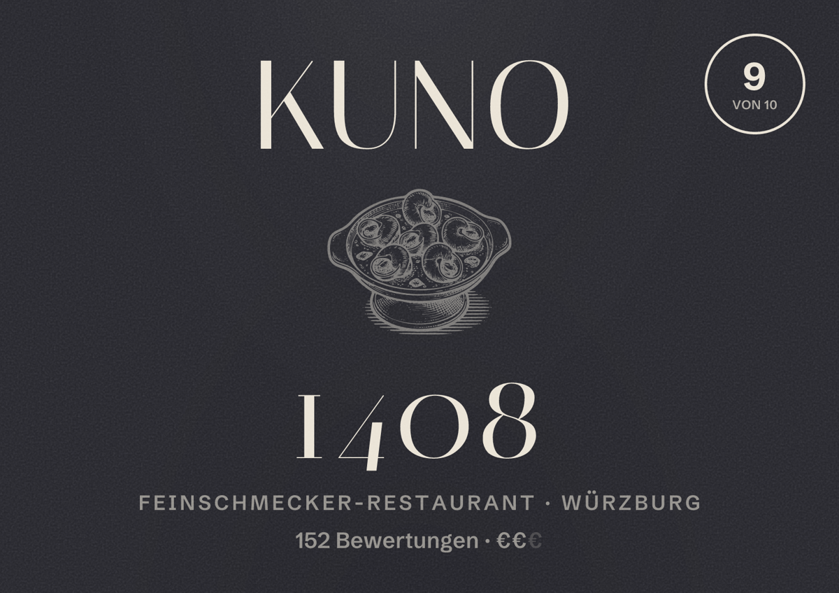 Illustriertes Poster von KUNO 1408, Feinschmecker-Restaurant in Würzburg: Bewertung 9 von 10 aus 152 Bewertungen, Preisniveau €€