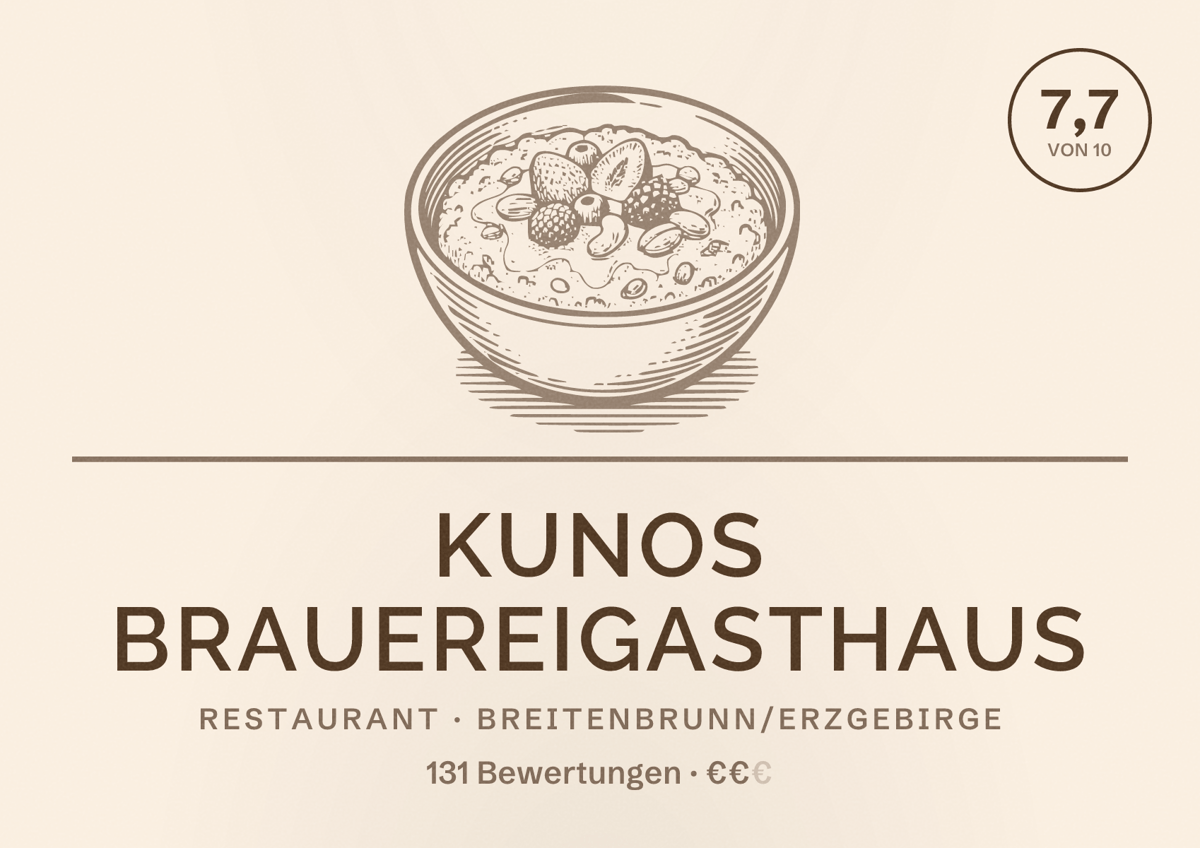 Illustriertes Poster von Kunos Brauereigasthaus, Restaurant in Breitenbrunn/Erzgebirge: Bewertung 7,7 von 10 aus 131 Bewertungen, Preisniveau €€