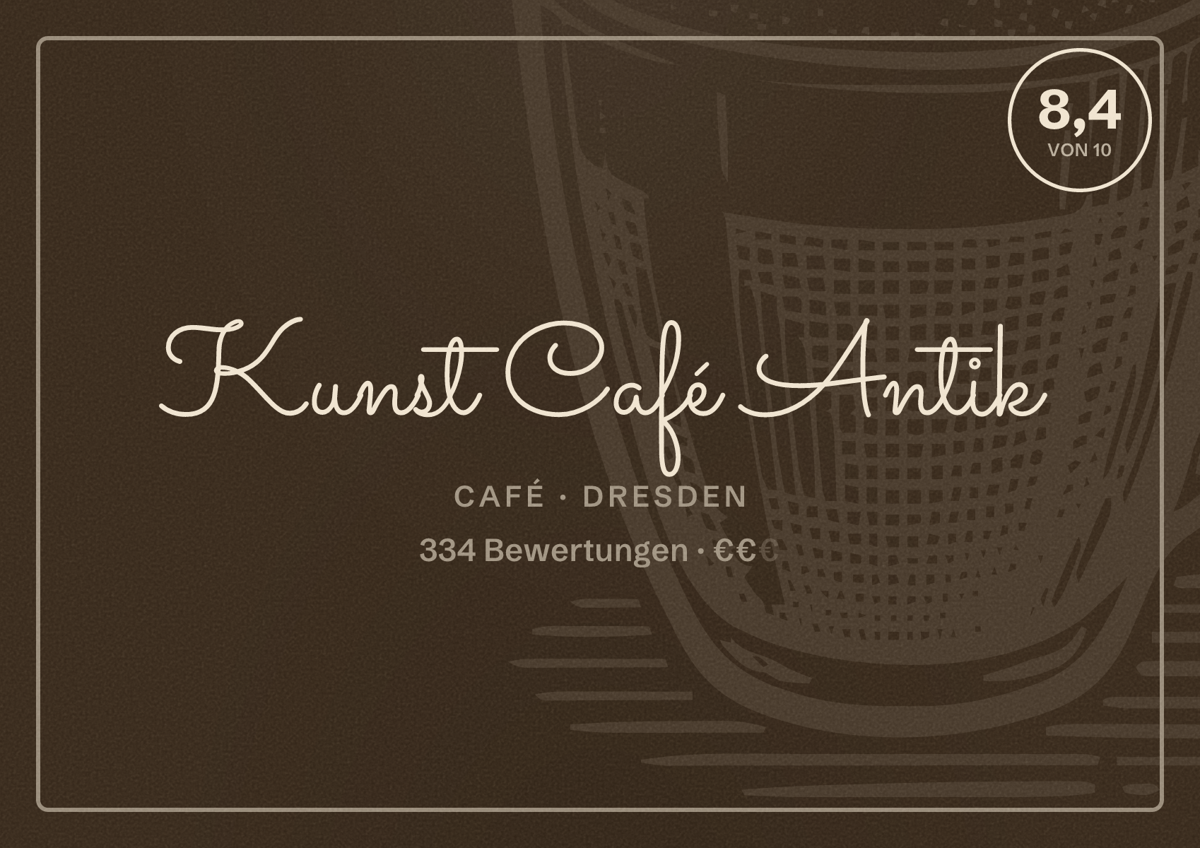 Illustriertes Poster von Kunst Café Antik, Café in Dresden: Bewertung 8,4 von 10 aus 334 Bewertungen, Preisniveau €€