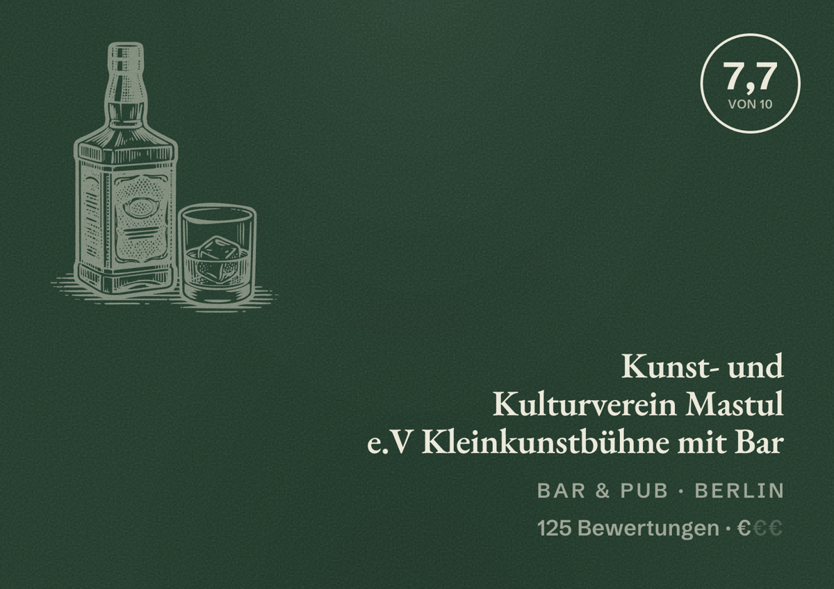 Illustriertes Poster von Kunst- und Kulturverein Mastul e.V Kleinkunstbühne mit Bar, Bar & Pub in Berlin: Bewertung 7,7 von 10 aus 125 Bewertungen, Preisniveau €