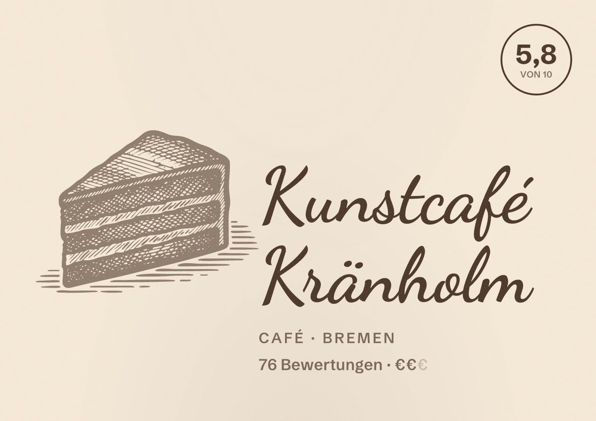 Illustriertes Poster von Kunstcafé Kränholm, Café in Bremen: Bewertung 5,8 von 10 aus 76 Bewertungen, Preisniveau €€