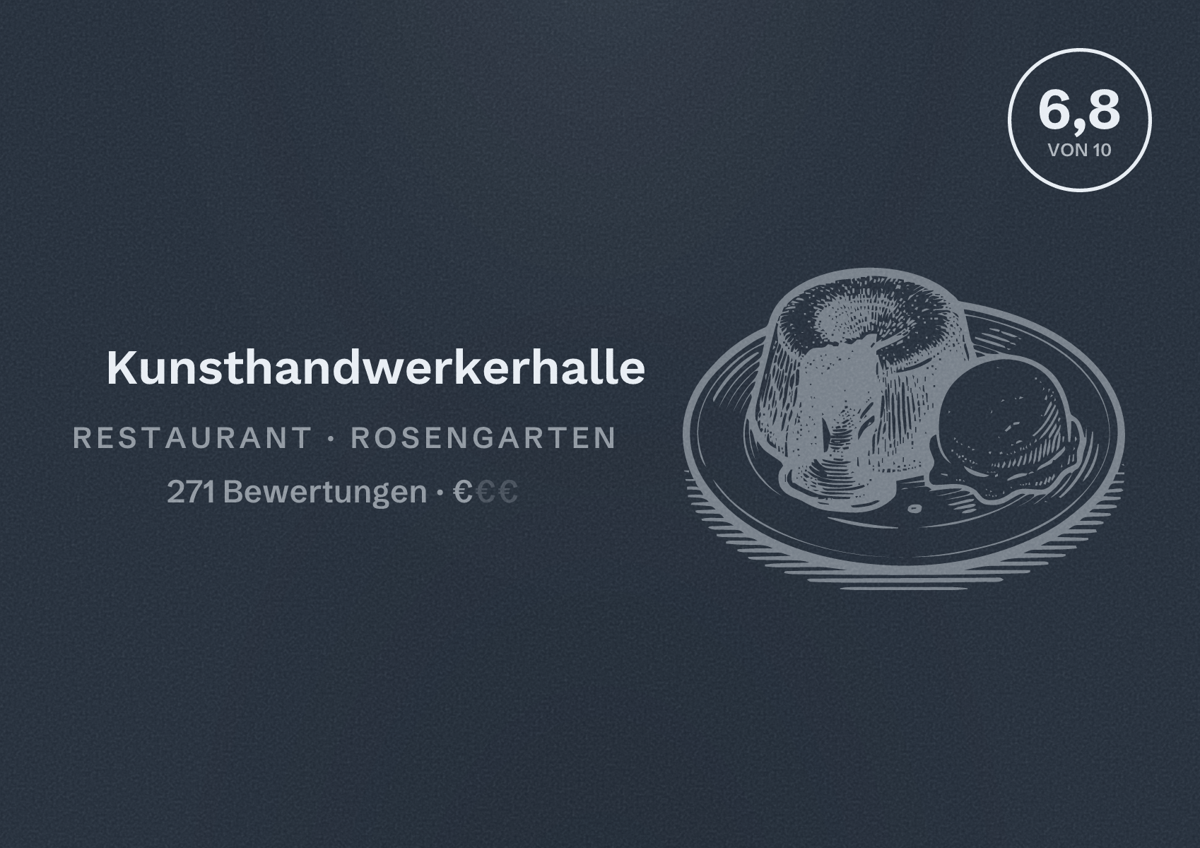 Illustriertes Poster von Kunsthandwerkerhalle, Restaurant in Rosengarten: Bewertung 6,8 von 10 aus 271 Bewertungen, Preisniveau €