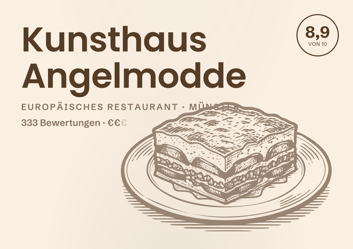 Illustriertes Poster von Kunsthaus Angelmodde, Europäisches Restaurant in Münster: Bewertung 8,9 von 10 aus 333 Bewertungen, Preisniveau €€