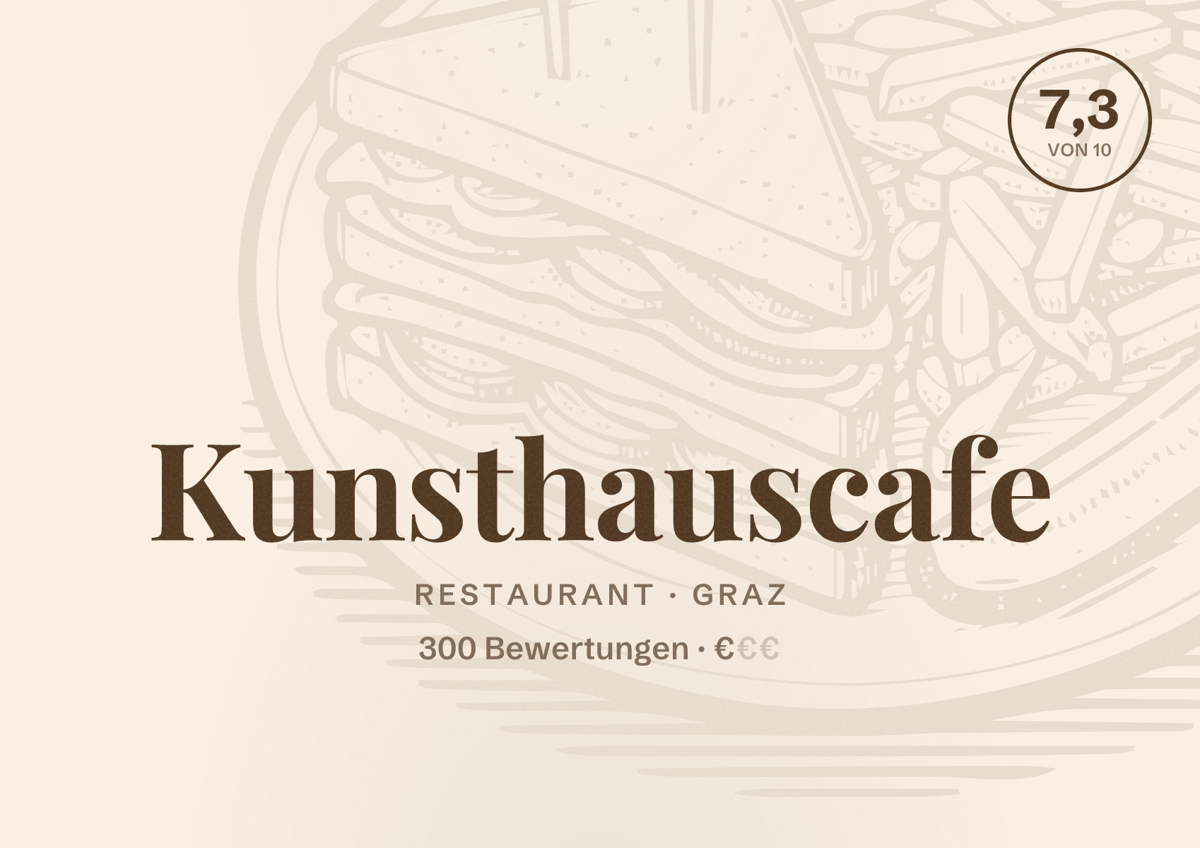 Illustriertes Poster von Kunsthauscafe, Restaurant in Graz: Bewertung 7,3 von 10 aus 300 Bewertungen, Preisniveau €
